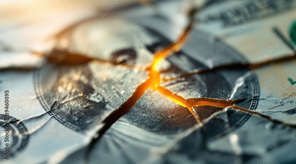 Cracked dollar bill with glowing fissures, symbolizing financial distress or economic instability. Cracked dollar bill with glowing fissures, symbolizing financial distress or economic instability.