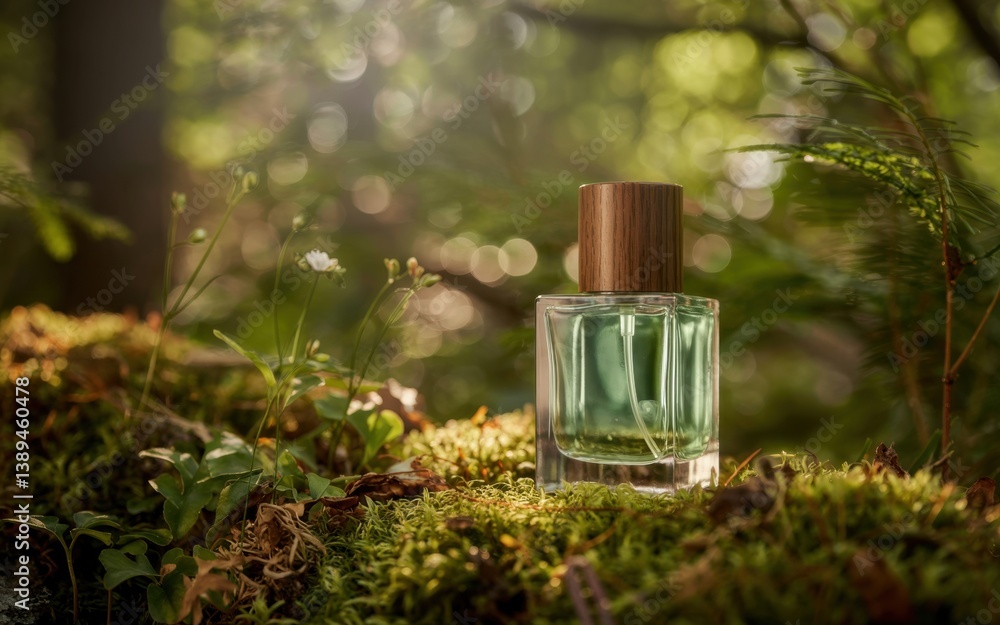 Elegant perfume bottle resting on lush moss in a serene green forest during golden hour Elegant perfume bottle resting on lush moss in a serene green forest during golden hour