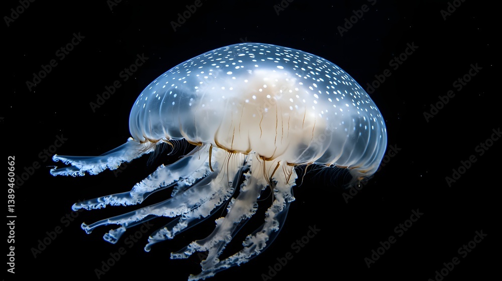 Obraz premium Spotted jellyfish swimming in dark aquarium water