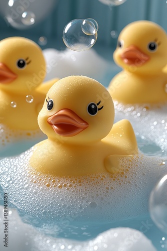 Yellow rubber ducks in bubbly water