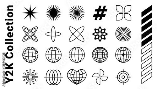 Y2K brutalist collection: geometric retro-futuristic abstract shapes. Bauhaus elements,  and minimalist forms for unique graphic and web design