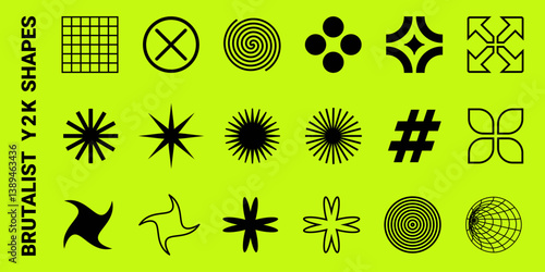 Bold Y2K Design Elements. Brutalist Geometric Shapes on Neon Background. Collection of abstract geometric shapes, retro-futuristic forms, and Bauhaus minimalism