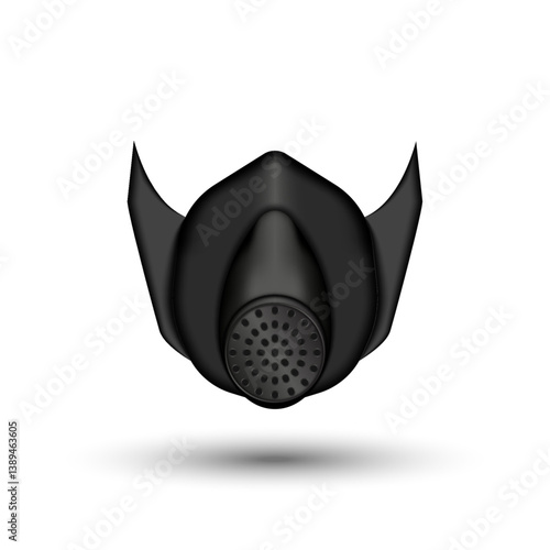 Realistic black training mask for endurance athletes front view isolated on white background 3d vector model, altitude mask for limit the intake of air during breathing.