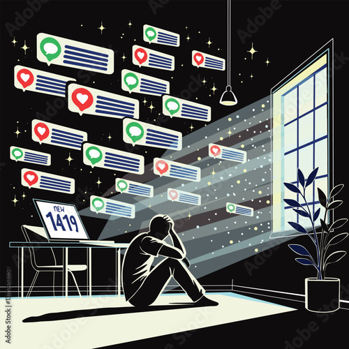 A person sits in darkness overwhelmed by endless notifications, symbolizing mental exhaustion, digital dependency, social isolation, and emotional burnout in modern tech driven life.