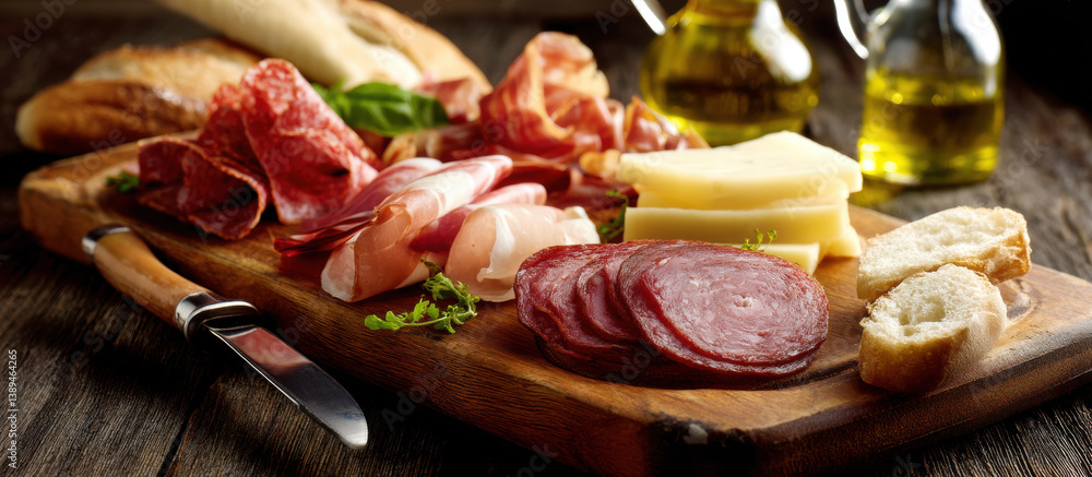 delicious assortment of cured meats, cheeses, and bread arranged on wooden board, perfect for charcuterie platter delicious assortment of cured meats, cheeses, and bread arranged on wooden board, perfect for charcuterie platter