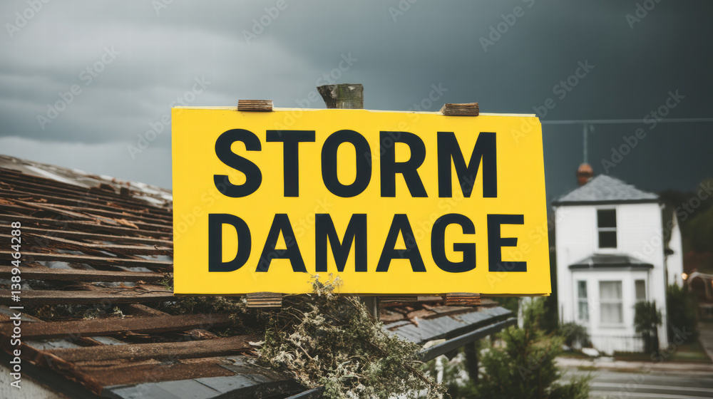 Fototapeta premium Storm damage sign on roof, indicating severe weather impact, with dark clouds in background creating dramatic atmosphere