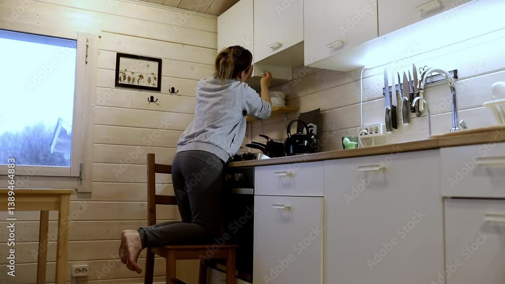 Organizing kitchen shelves while preparing meals in a cozy home setting Organizing kitchen shelves while preparing meals in a cozy home setting