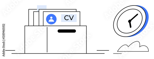 File box containing resumes next to a clock, highlighting job recruitment, time management, efficiency. Ideal for HR, hiring, career planning, deadlines organization workforce productivity. Clean
