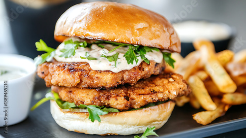 Crispy chicken fried steak sandwich with fresh greens, creamy sauce, and golden brioche bun served alongside seasoned fries, creating hearty and flavorful meal