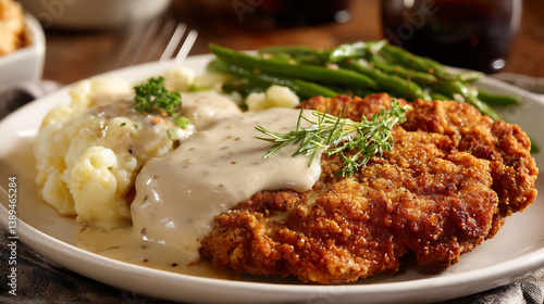 Crispy chicken fried steak served with creamy mashed potatoes, rich gravy, and side of fresh green beans, garnished with herbs for comforting and hearty meal