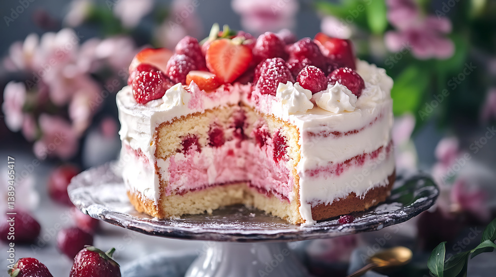 luscious chiffon cake layered with whipped cream and fresh strawberries, topped with raspberries and strawberry slices, displayed on cake stand amidst floral background luscious chiffon cake layered with whipped cream and fresh strawberries, topped with raspberries and strawberry slices, displayed on cake stand amidst floral background