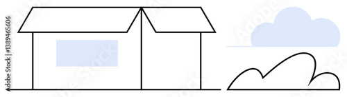 Simple house with a triangular roof and window alongside a bush and cloud. Ideal for real estate, home design, architecture, simplicity, outdoor living, minimalism, flat simple metaphor