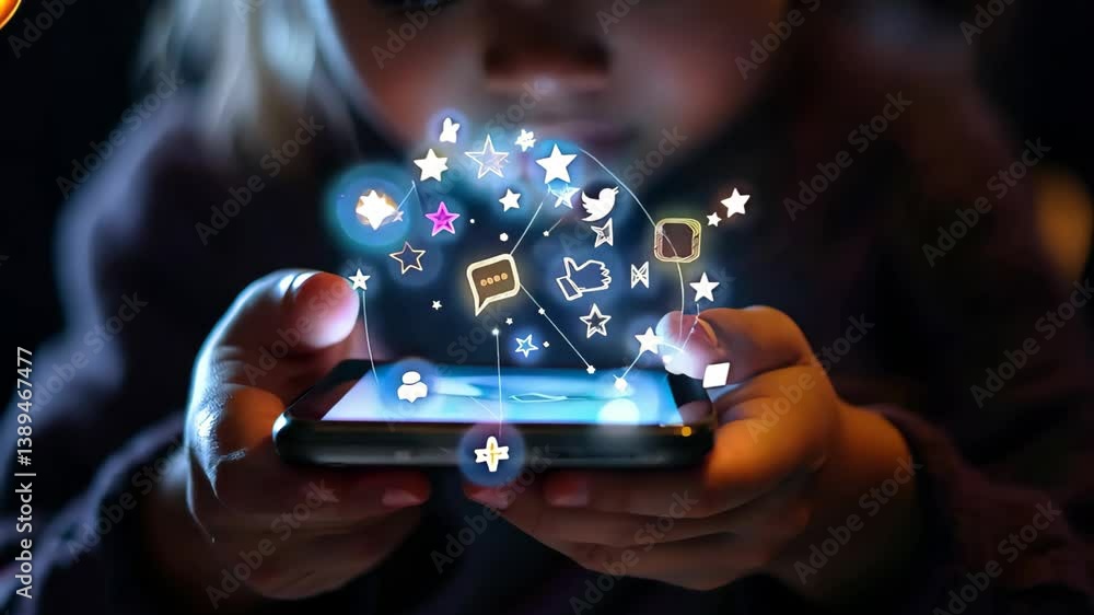 Kid girl is using mobile cell phone. Applications, likes, technology addiction. 