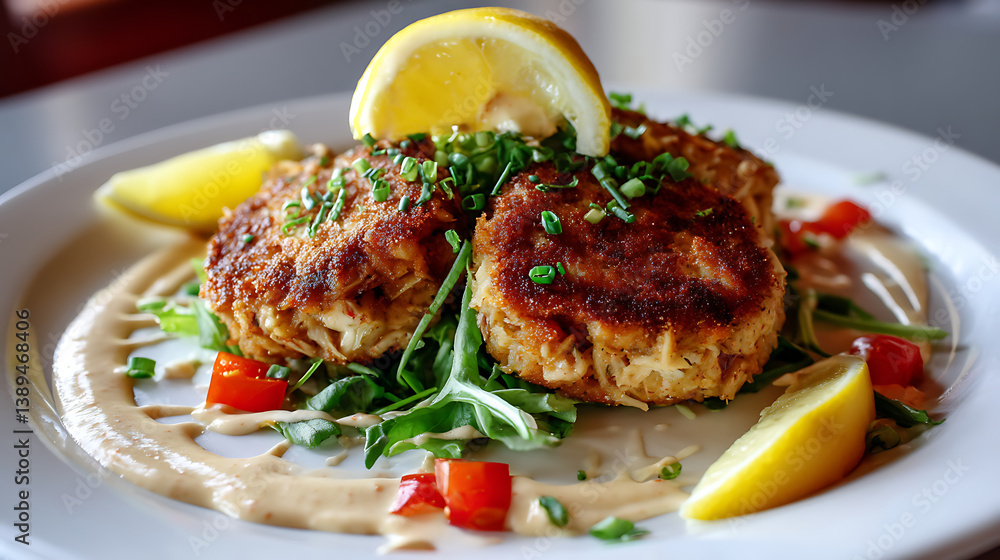 Crispy crab cakes served on bed of arugula with creamy sauce, garnished with fresh chives, diced red peppers, and lemon wedges for zesty touch Crispy crab cakes served on bed of arugula with creamy sauce, garnished with fresh chives, diced red peppers, and lemon wedges for zesty touch