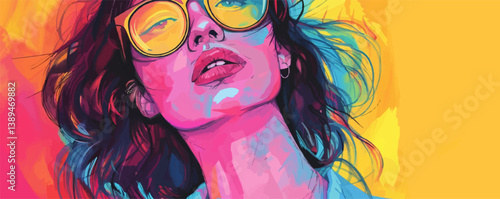 Colorful abstract portrait of a young caucasian female in sunglasses.