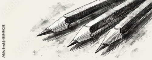 Monochrome sketch of sharpened graphite pencils with detailed shading.