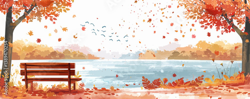 Serene autumn lakeside scene with falling leaves and wooden bench.