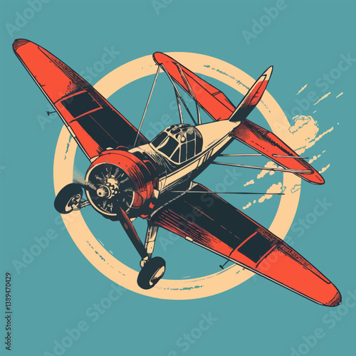 Vintage red airplane in flight with retro circular background design.