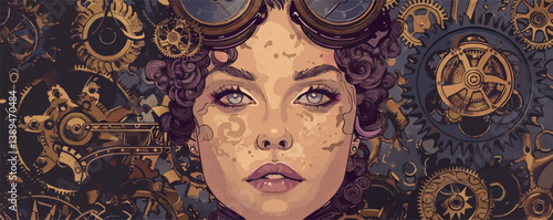 Steampunk female portrait with gears and goggles in vintage style.