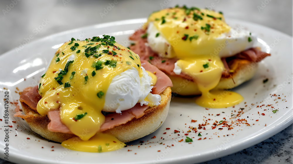 Eggs Benedict served on toasted English muffins with poached eggs, ham, and creamy hollandaise sauce, garnished with fresh herbs and sprinkle of paprika for flavorful breakfast Eggs Benedict served on toasted English muffins with poached eggs, ham, and creamy hollandaise sauce, garnished with fresh herbs and sprinkle of paprika for flavorful breakfast