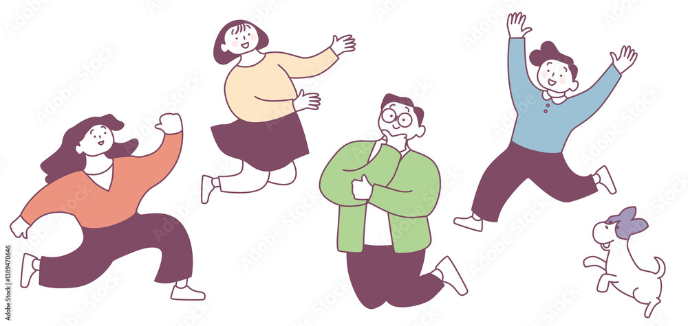 Pastel illustration of a family jumping Pastel illustration of a family jumping