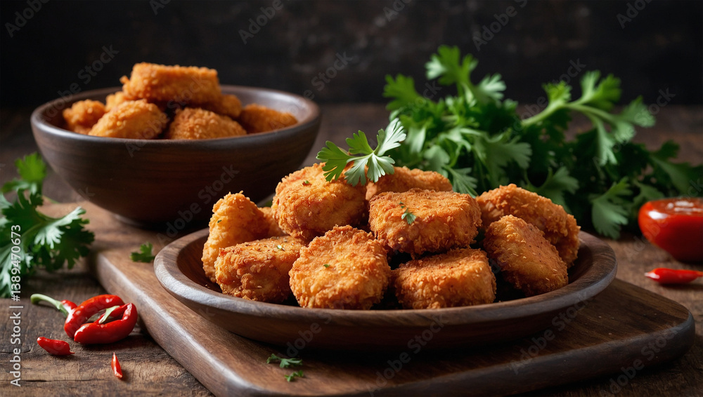 Crispy Chicken Nuggets Served with Chili Sauce and Red Chili Garnish Crispy Chicken Nuggets Served with Chili Sauce and Red Chili Garnish
