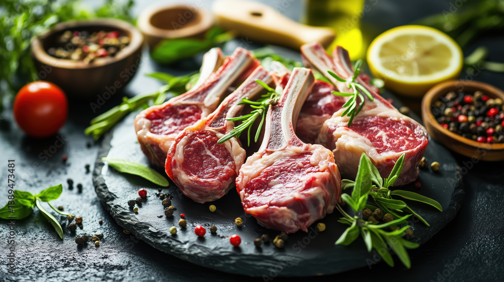 Raw lamb chops with herbs and spices on slate plate Raw lamb chops with herbs and spices on slate plate