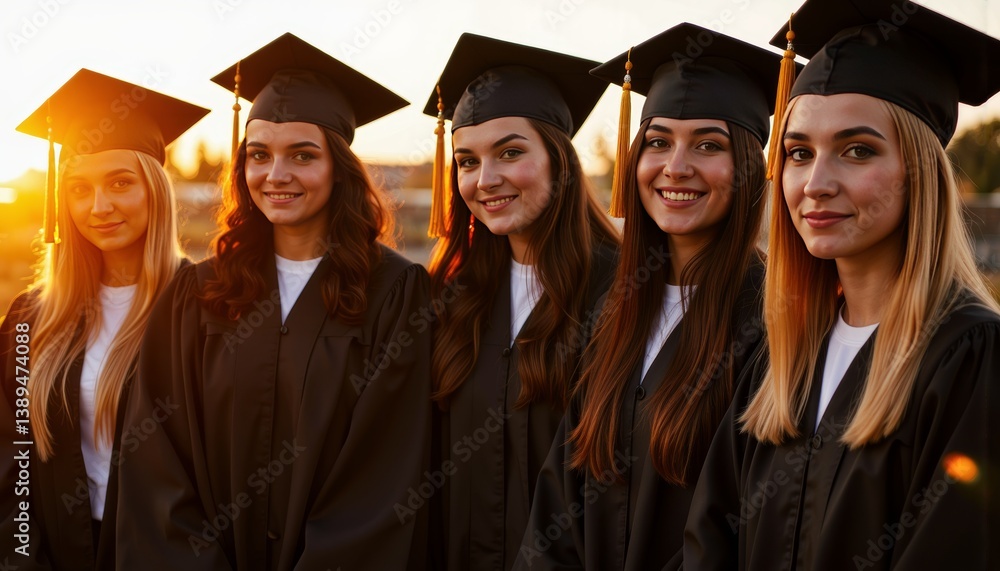 Graduates celebrating achievement during sunset Graduates celebrating achievement during sunset