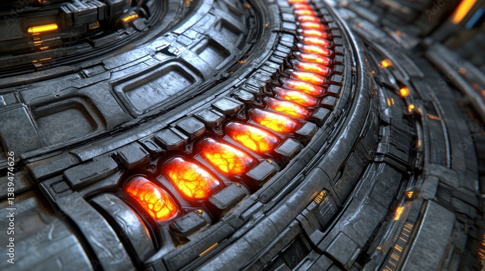 Fototapeta premium Close-up of futuristic, metallic machine. Complex, glowing components