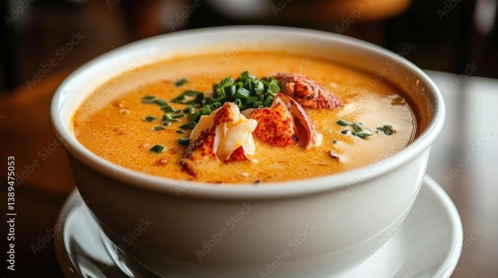 Creamy Seafood Soup in a White Bowl Garnish Creamy Seafood Soup in a White Bowl Garnish