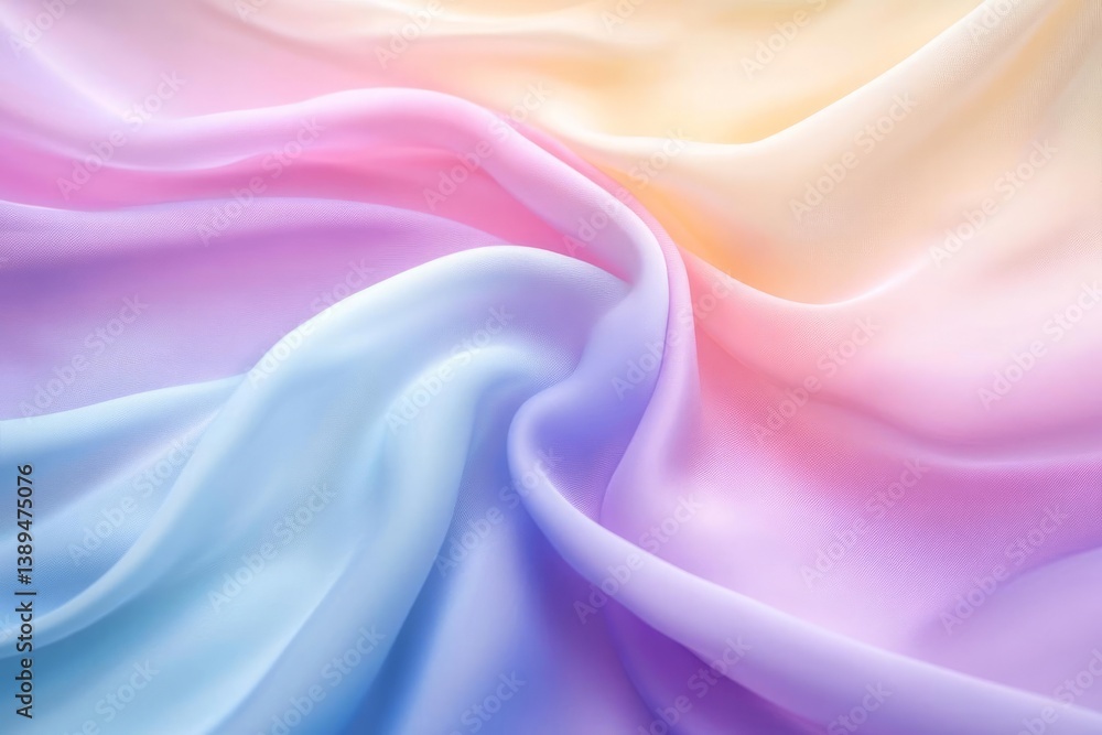 Fototapeta premium Close-up of pastel-colored fabric with a gradient effect, showcasing soft folds and gentle curves. The colors transition smoothly from light blue to purple and pink.