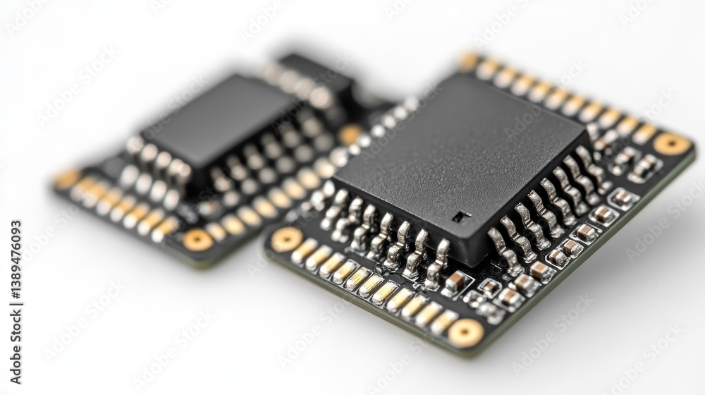 Close-up of Two Microchips on a Circuit Board Close-up of Two Microchips on a Circuit Board