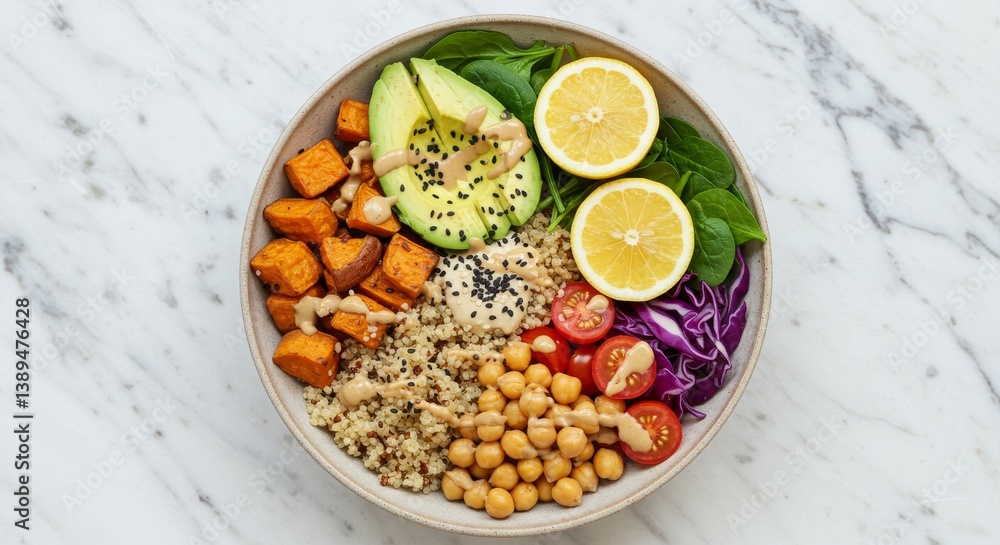 Healthy vegan Buddha bowl with dressing. Healthy vegan Buddha bowl with dressing.