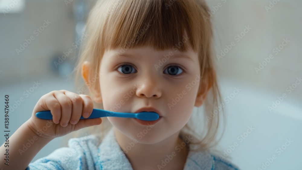 A young child brushing teeth with a blue toothbrush in a blurred bathroom setting, emphasizing oral hygiene, daily routines, childhood health, and personal care A young child brushing teeth with a blue toothbrush in a blurred bathroom setting, emphasizing oral hygiene, daily routines, childhood health, and personal care