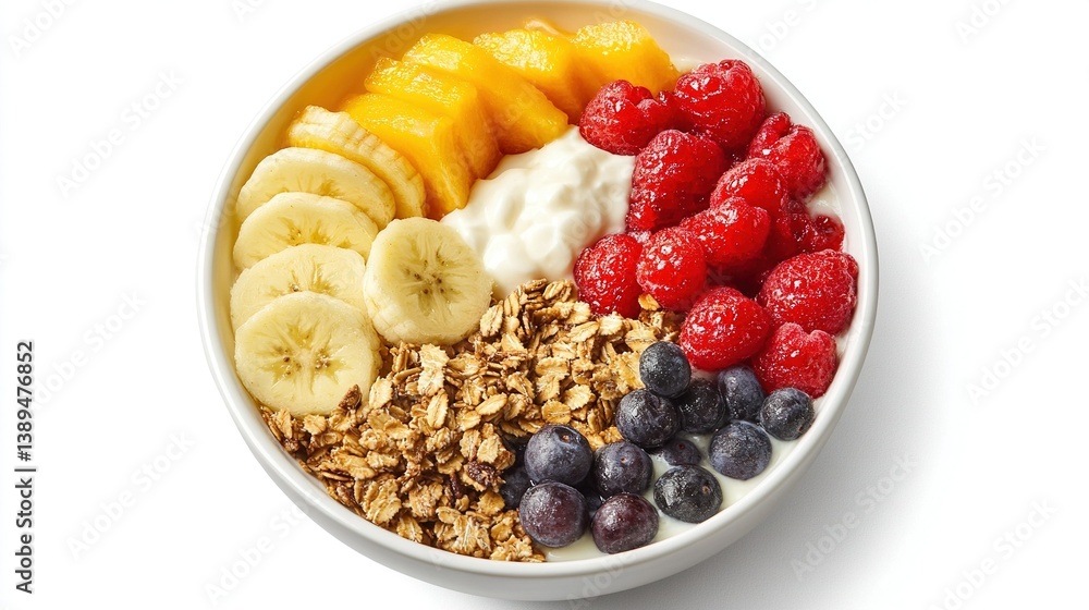 Overhead shot of a vibrant healthy breakfast bowl of fresh mixed fruit, crunchy granola and creamy yogurt neatly arranged on a plain white background with natural light. Overhead shot of a vibrant healthy breakfast bowl of fresh mixed fruit, crunchy granola and creamy yogurt neatly arranged on a plain white background with natural light.