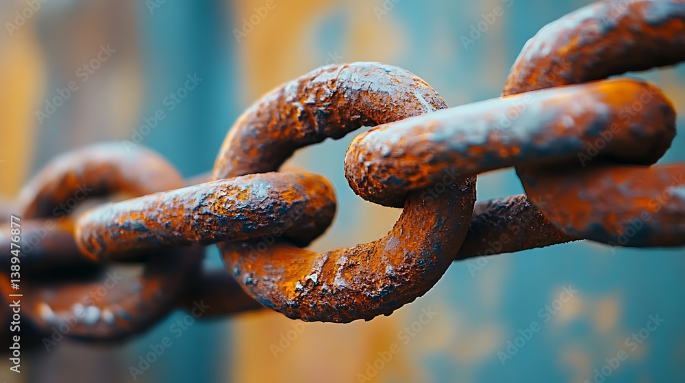 close up view of rusty metal chain with visible corrosion, showcasing its weathered texture and aged appearance against blurred background. image conveys sense of decay and strength