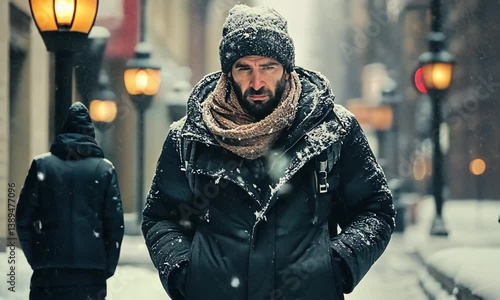 Man walking through a snowy street, wearing winter attire, with snow-covered buildings in the background