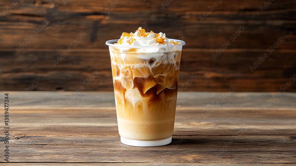 refreshing iced latte with creamy layers and caramel drizzle, served in clear plastic cup on rustic wooden table, creating cozy and inviting atmosphere refreshing iced latte with creamy layers and caramel drizzle, served in clear plastic cup on rustic wooden table, creating cozy and inviting atmosphere