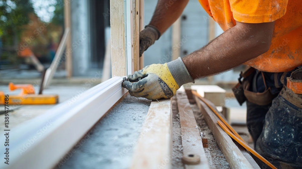 A construction worker securing a window frame at a building site. Featuring focus and craftsmanship A construction worker securing a window frame at a building site. Featuring focus and craftsmanship