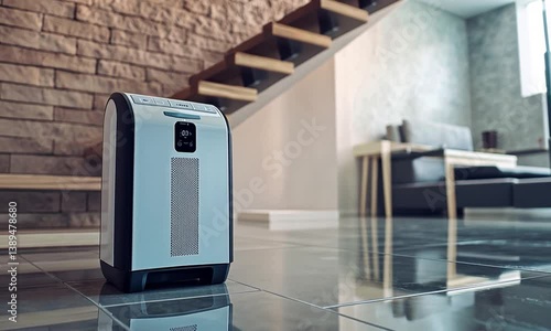 Modern air purifier placed on glossy floor in contemporary living room with staircase