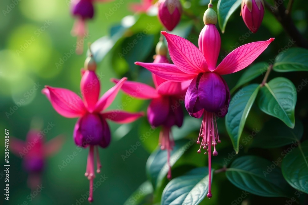 Vibrant fuchsia blossoms, intricate leafy details, bloom, lush