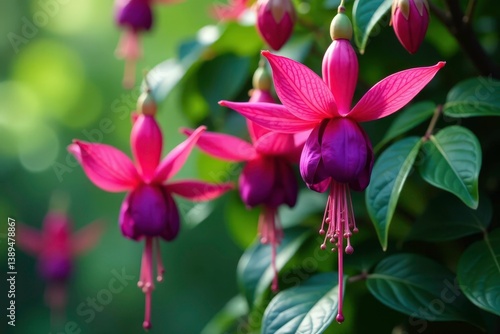 Obraz na płótnie Vibrant fuchsia blossoms, intricate leafy details, bloom, lush w salonie