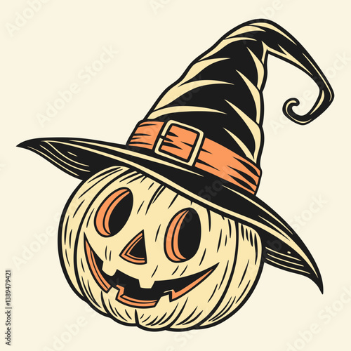 Classic Jack-o'-Lantern with Witch Hat and Glowing Face – Vintage Halloween Vector Art