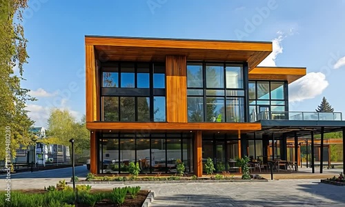 Modern architectural building with large windows surrounded by greenery and a clear sky