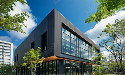 Modern architectural building surrounded by greenery under a bright blue sky