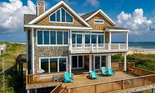 Modern beachfront house with large windows, wooden deck, and ocean view under cloudy sky