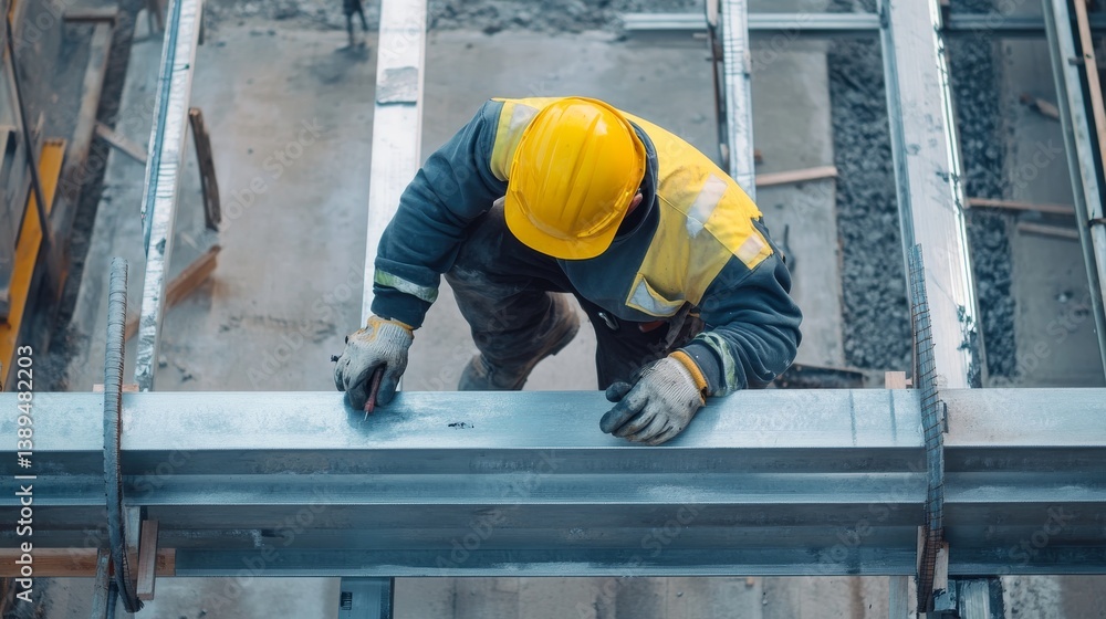 A construction worker securing steel beams at a construction site. Featuring skill and teamwork A construction worker securing steel beams at a construction site. Featuring skill and teamwork