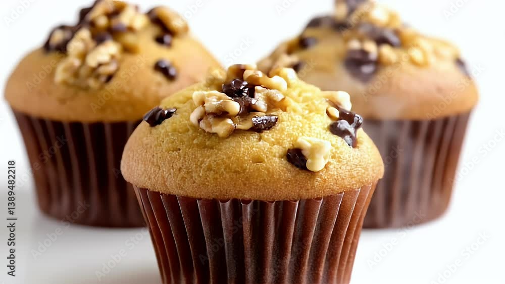 Close Up of Three Walnut and Chocolate Chip Muffins Close Up of Three Walnut and Chocolate Chip Muffins