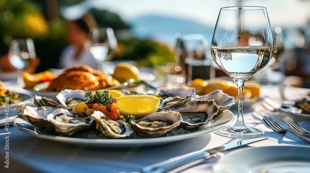 Fresh Oysters on Ice with Lemon and Herbs Outdoor Dining Scene Fresh Oysters on Ice with Lemon and Herbs Outdoor Dining Scene
