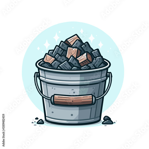 Metal bucket filled with coal or charcoal in gray and black tones. Ideal for heating resources, mining industry materials, and traditional fuel illustrations.